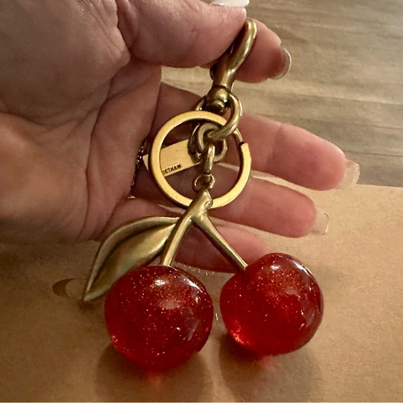 Coach Red Resin Glitter Cherries Gold Brass Keychain Fob Bag Charm - Picture 6 of 7